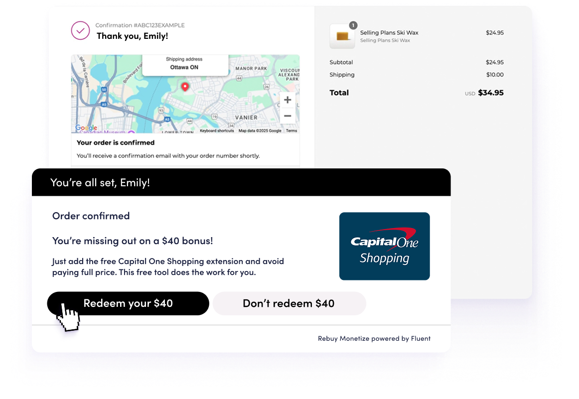 Thank you page showing a post-purchase offer with Rebuy Monetize